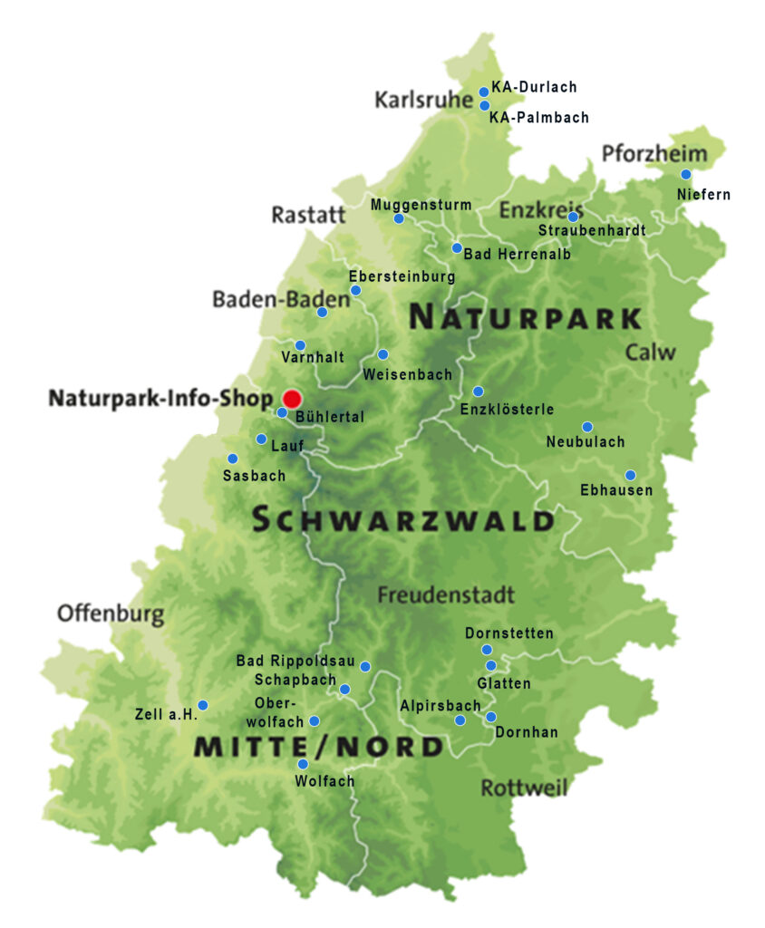 Karte des Naturparks Schwarzwald Mitte/Nord mit eingezeichneten blauen Punkten, die die Standorte der Naturpark-Kindergärten anzeigen.