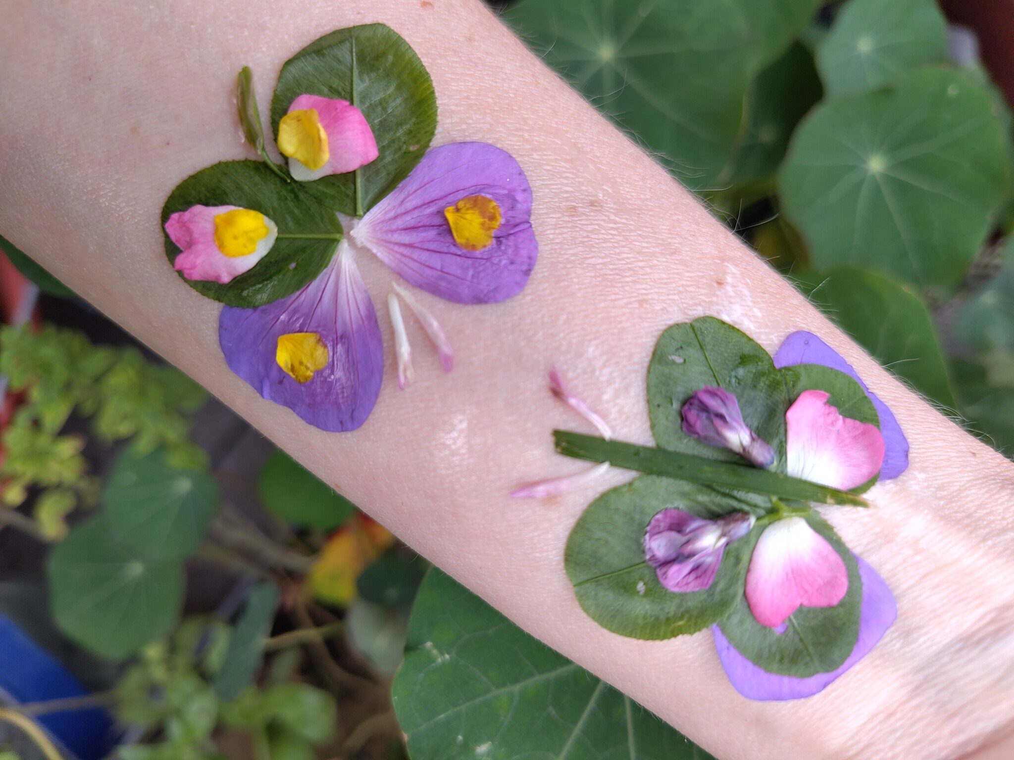 kleine Kunstwerke in Form von lila-gelb-pink-grünen Schmetterlingen als Tattoo auf einen Arm geklebt, im Hintergrund grüne Pflanzen