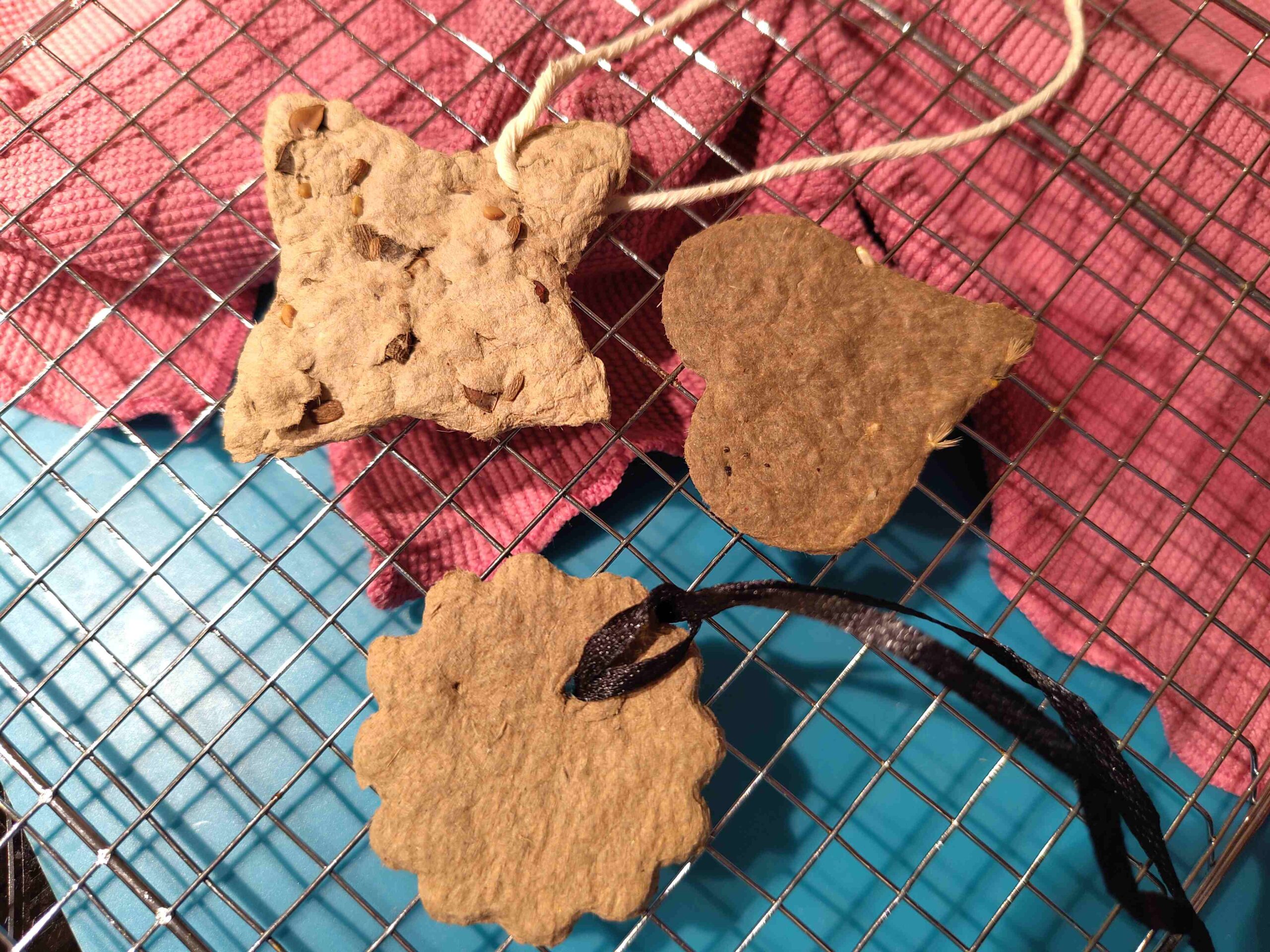 3 Papierbrei-Plätzchen für Samen-Geschenk-Anhänger liegen auf Metallgitter zum Trocknen