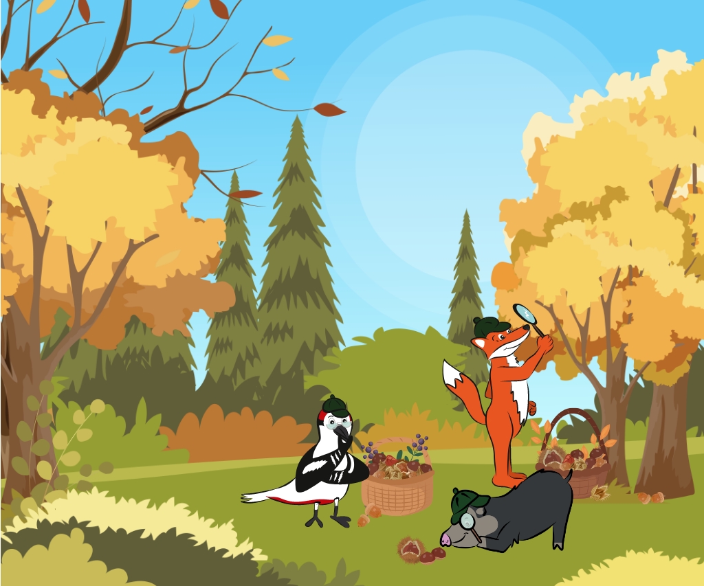 Illustration in herbstlichen Farben: Fuchs, Buntspecht und Wildschwein untersuchen auf einer Waldlichtung die Natur, Wildfrüchte und Pflanzensamen