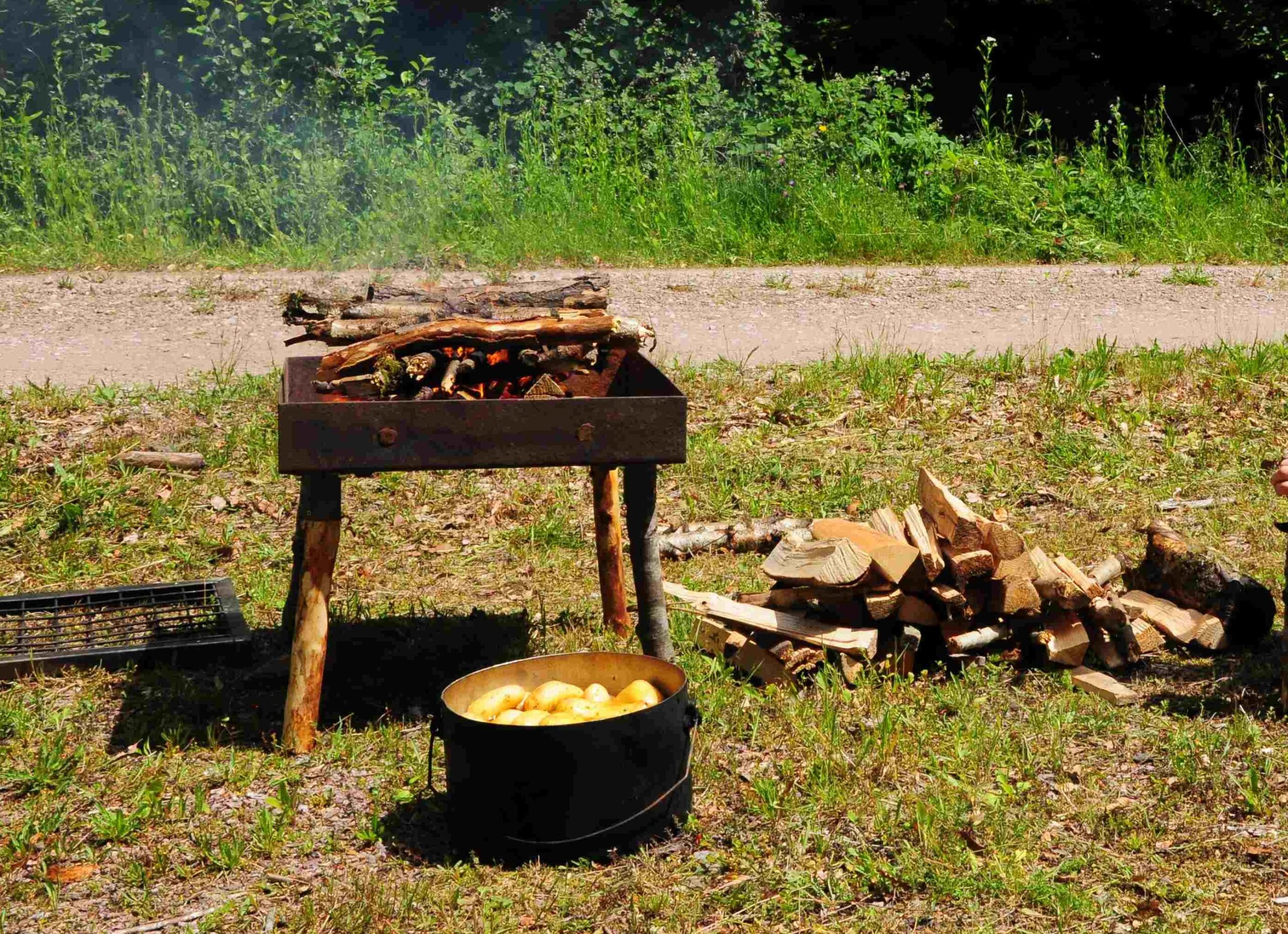 Kochstelle mit Feuerholz und einem Topf mit Kartoffeln in der Natur