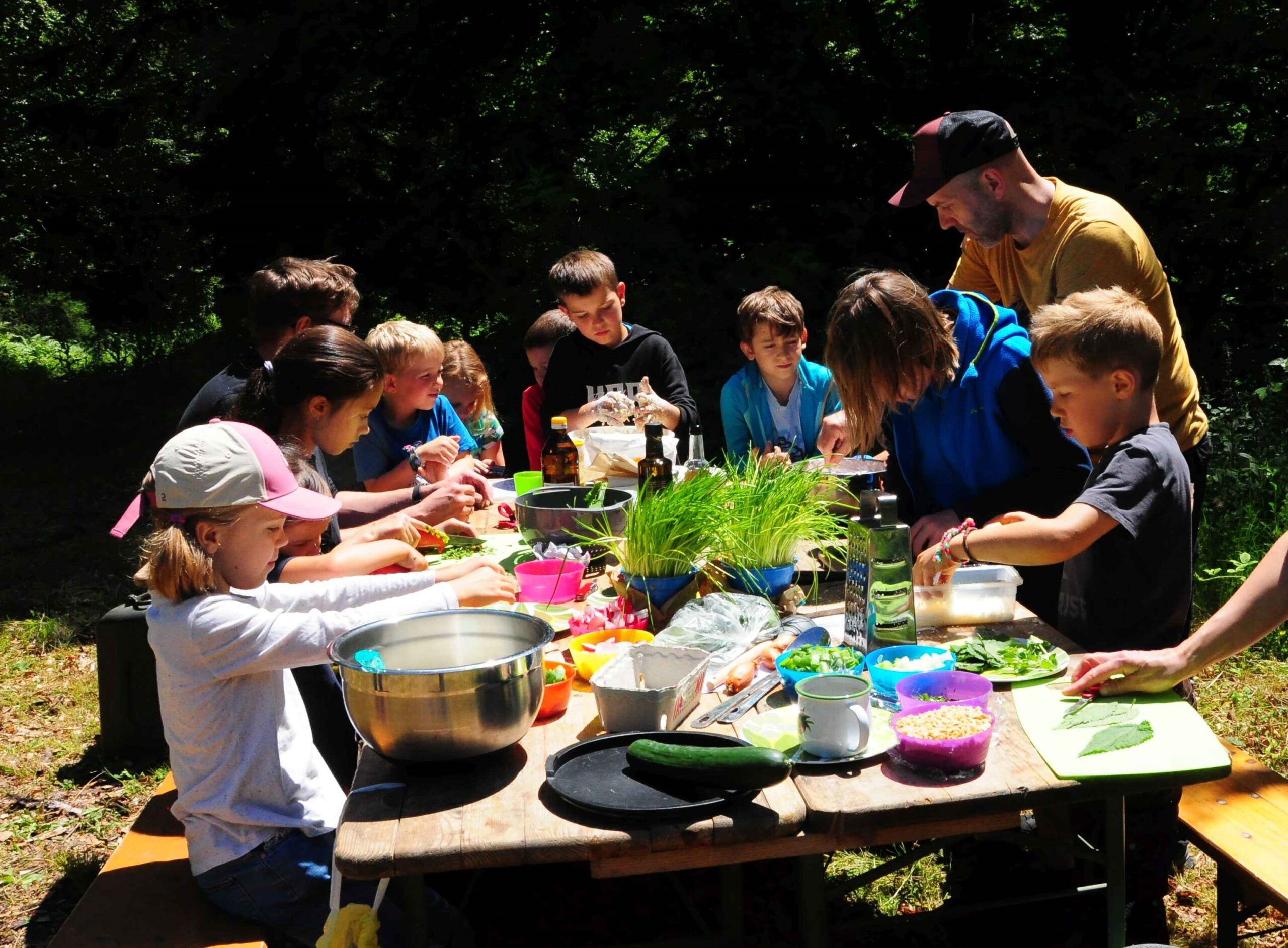 Kinder und Erwachsene auf einer Waldlichtung sitzen oder stehen um einen Tisch. Im Vordergrund frische Zutaten