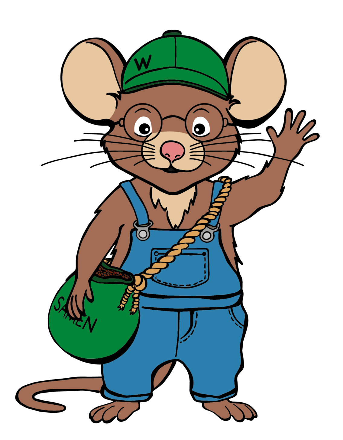 braune, stehende Comicmaus mit Brille, blauer Hose und grünem Cap und Umhängetasche